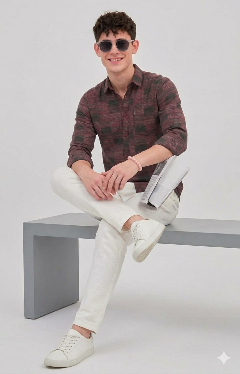 Man sitting on a bench wearing a plaid shirt, white pants, and sunglasses.