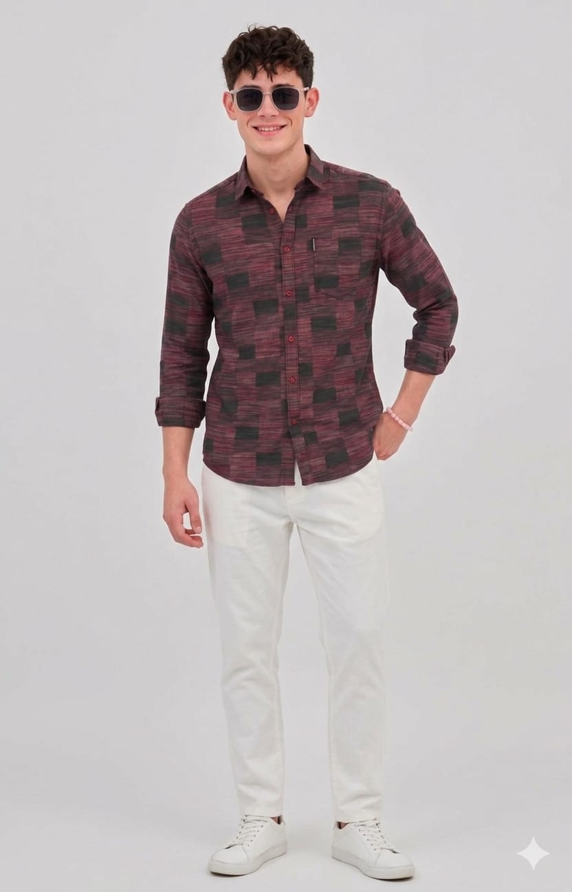 Man wearing a patterned shirt and white pants on a plain background