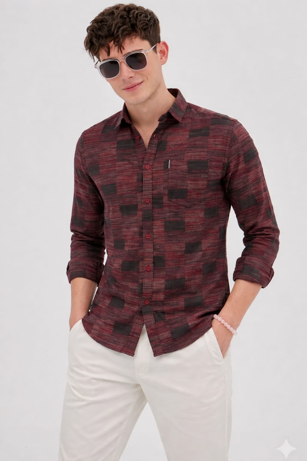 Man wearing a patterned shirt and sunglasses on a white background