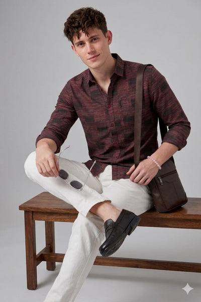 Man sitting on a wooden bench wearing a patterned shirt, white pants, and black shoes.