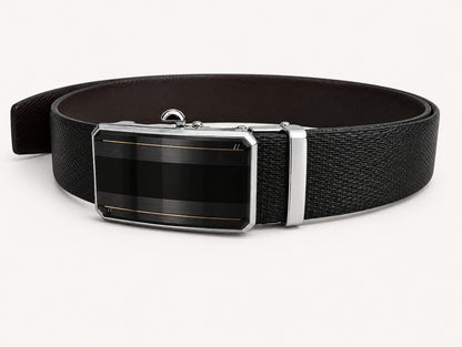 Black belt with a silver buckle on a white background