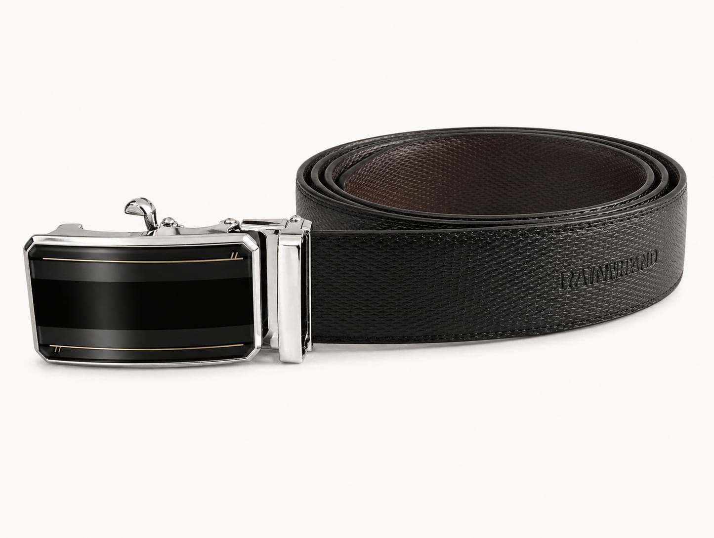 Black leather belt with silver buckle on a white background