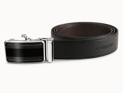 Black leather belt with silver buckle on a white background